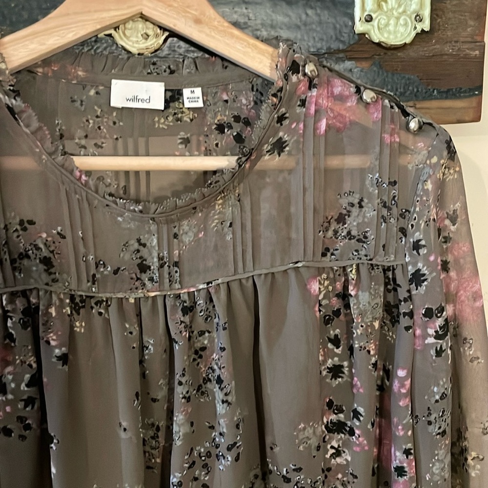 Wilfred Lourdes Floral Print Brown Grey Chiffon Blouse Size Medium - Picture 8 of 16